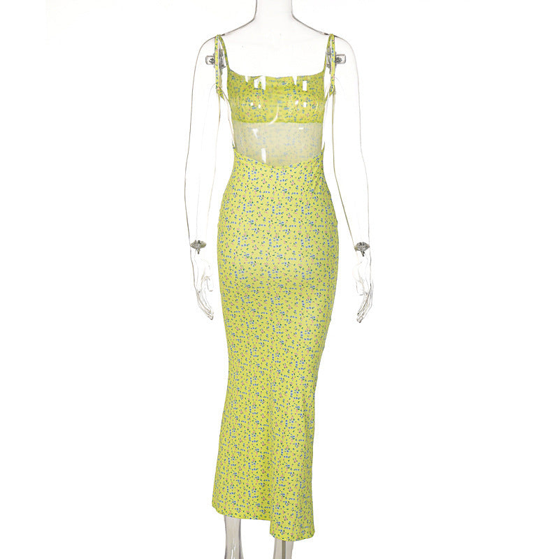 Women's Slim Fit Large  Back Suspender Floral Long Dress