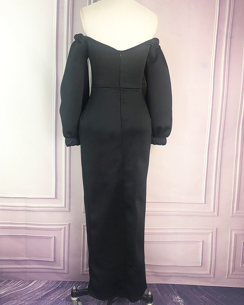 Deep V Lantern Long Sleeve Split Dress
