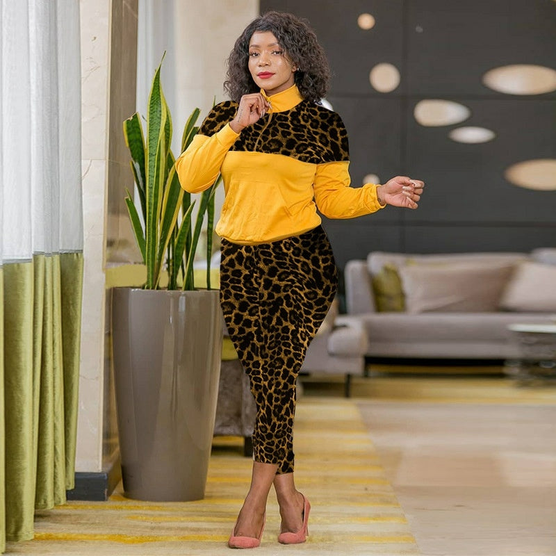 Fashionable Leopard Print Spliced Sports Casual Pants Two-piece Set