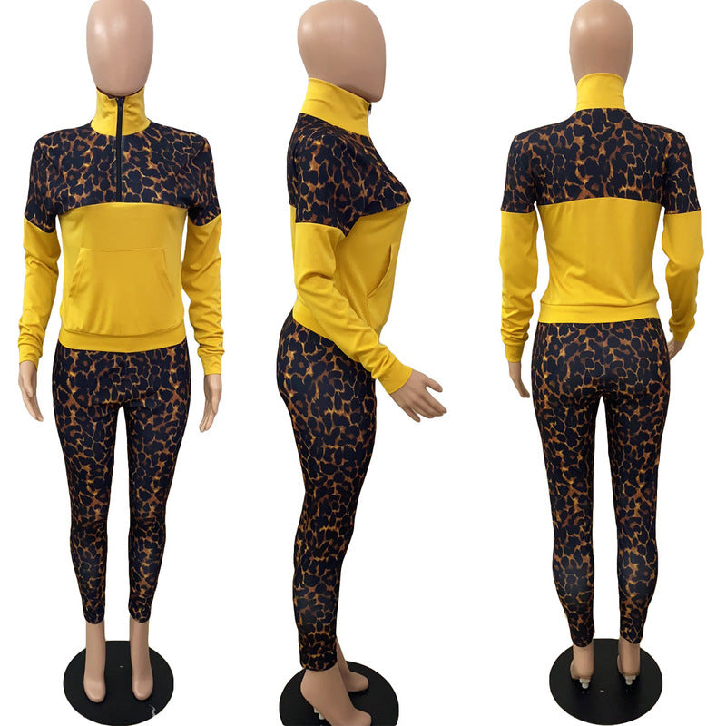 Fashionable Leopard Print Spliced Sports Casual Pants Two-piece Set