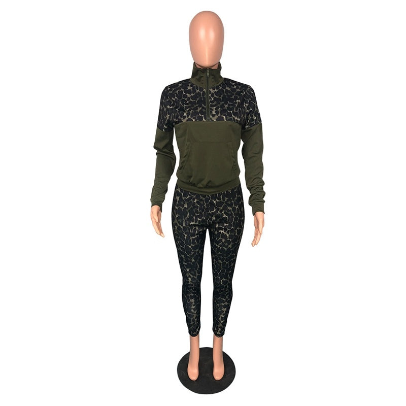 Fashionable Leopard Print Spliced Sports Casual Pants Two-piece Set