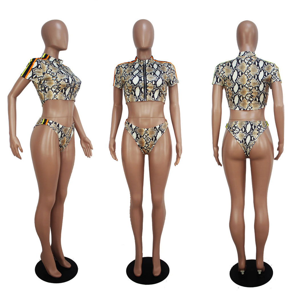 Women's Sexy Snake Print Short-sleeved Two-piece Swimsuit