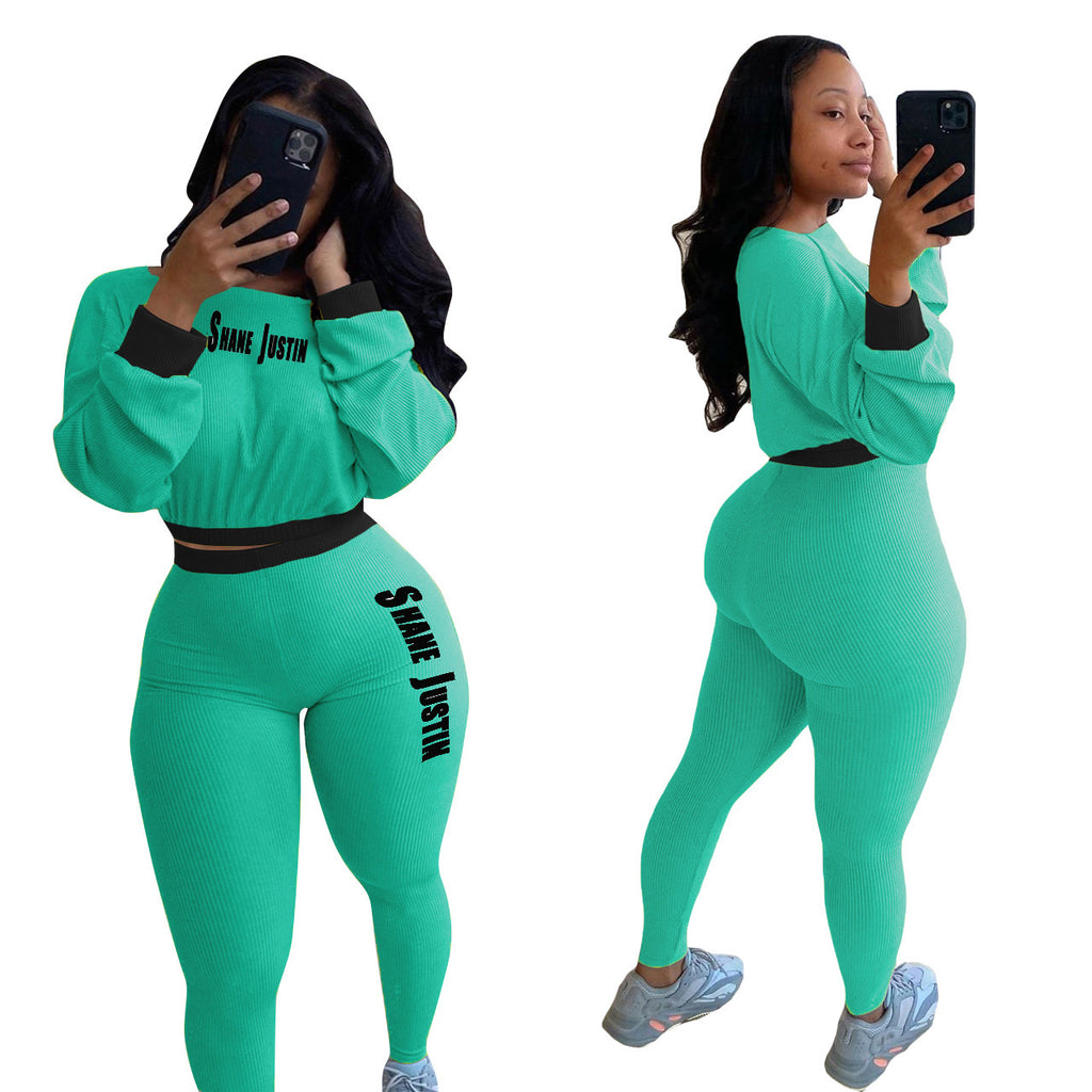 Autumn And Winter Ribbed Solid Color Letters Sports And Leisure Suit