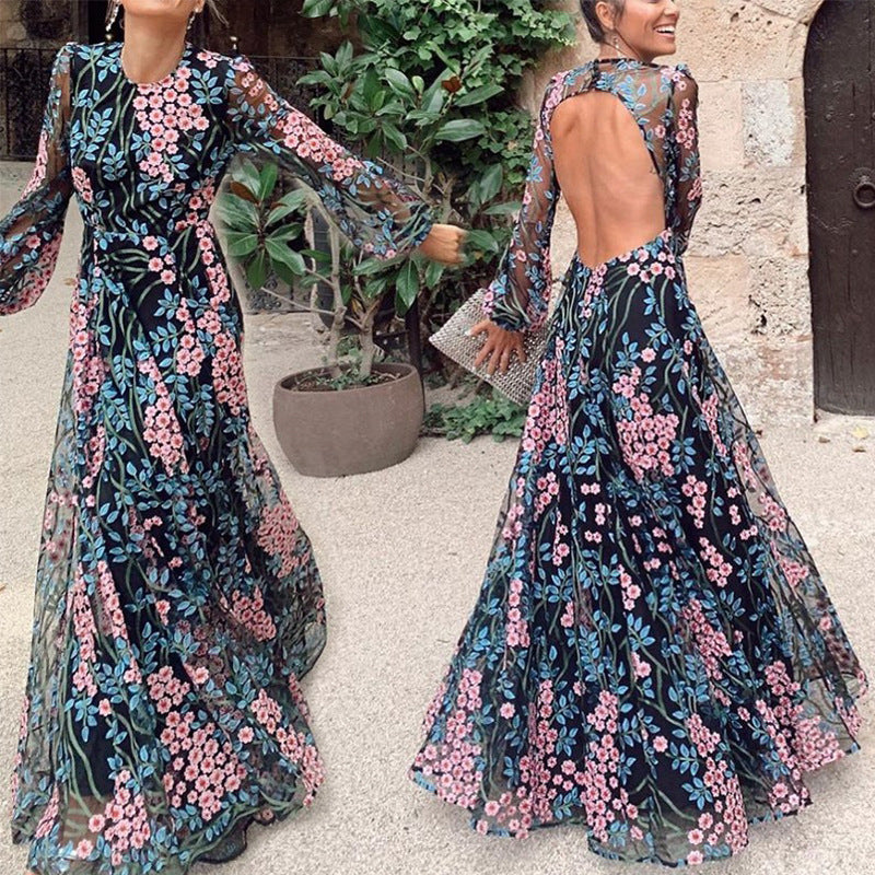 European And American New Foreign Trade Women'S Wish Amazon Sexy Backless Slim Fashion Printed Mid-Waist Dress