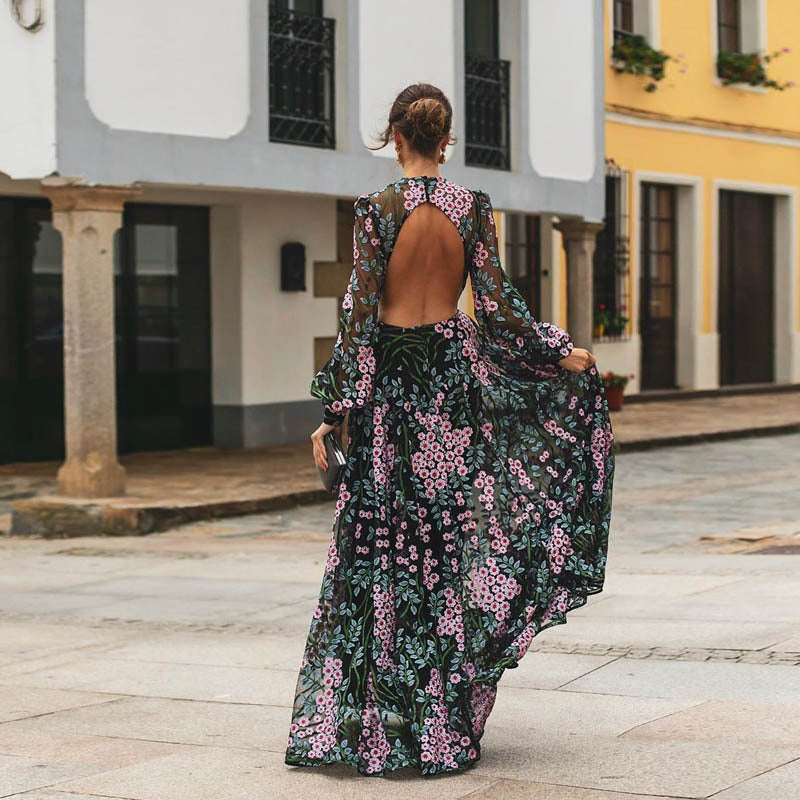 European And American New Foreign Trade Women'S Wish Amazon Sexy Backless Slim Fashion Printed Mid-Waist Dress