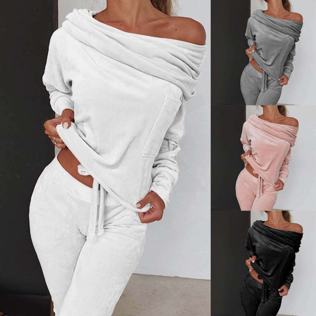New European And American Amazon Autumn Women'S Women'S Solid Color One-Shoulder Top  Pants Two-Piece Suit Jy1918