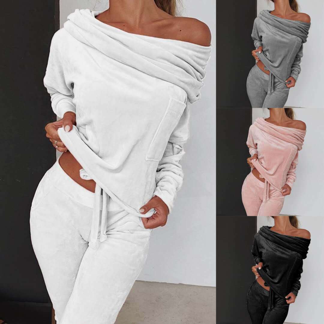 New European And American Amazon Autumn Women'S Women'S Solid Color One-Shoulder Top  Pants Two-Piece Suit Jy1918