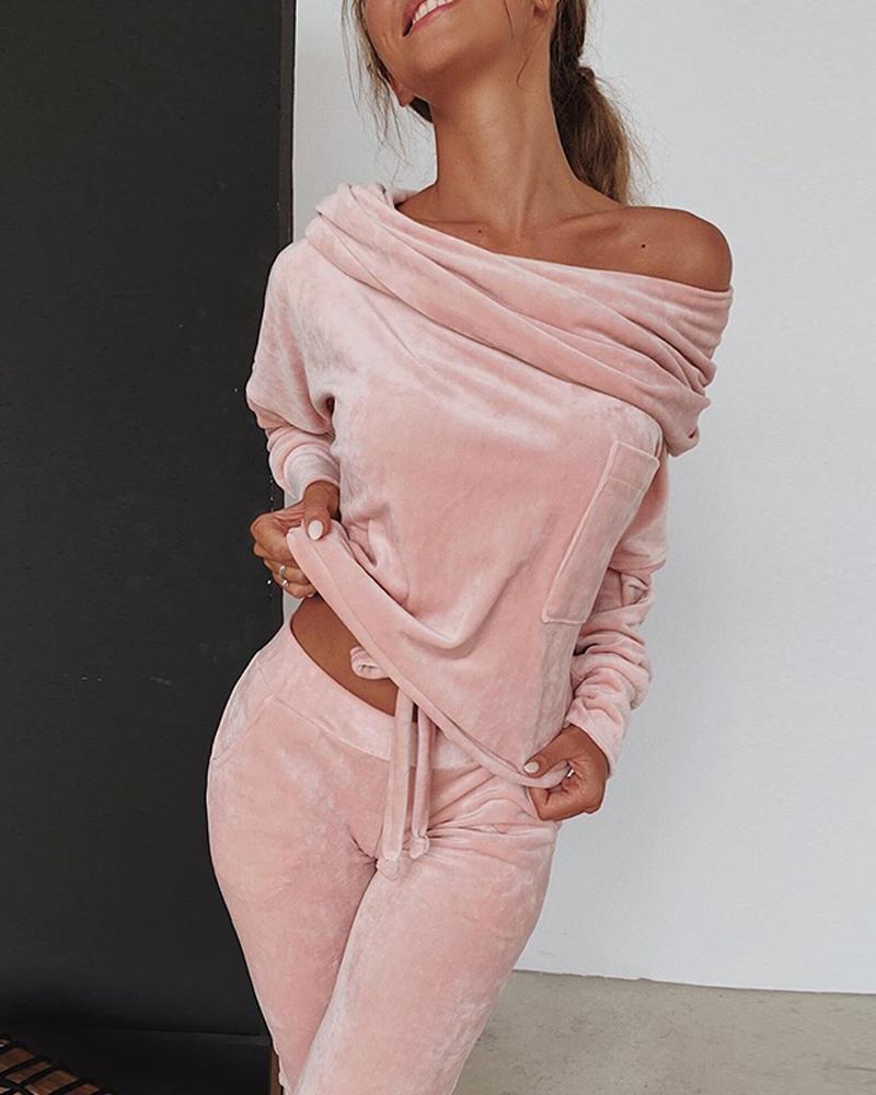 New European And American Amazon Autumn Women'S Women'S Solid Color One-Shoulder Top  Pants Two-Piece Suit Jy1918
