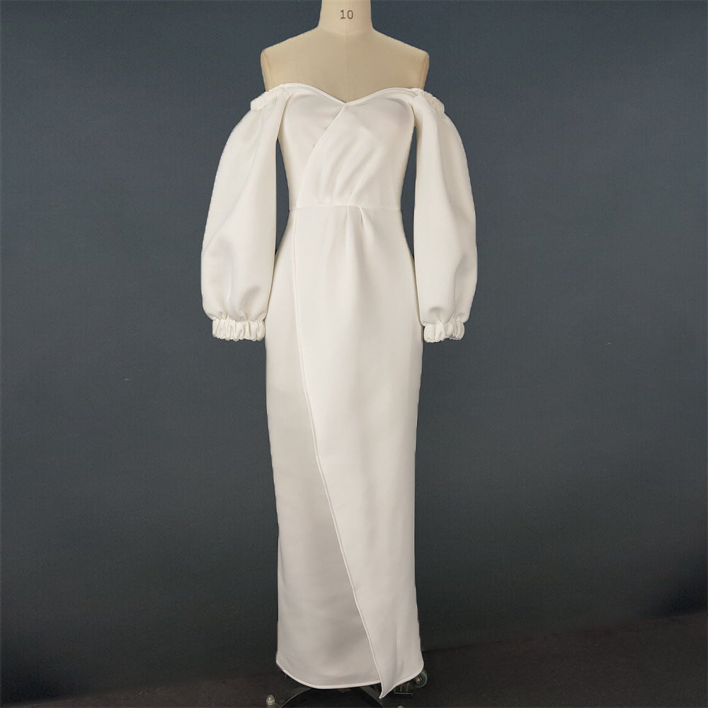 Deep V Lantern Long Sleeve Split Dress