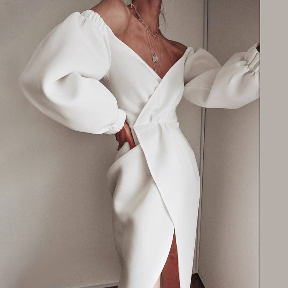 Deep V Lantern Long Sleeve Split Dress