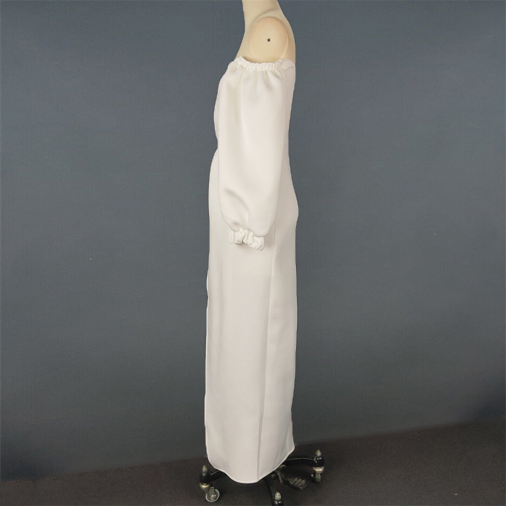 Deep V Lantern Long Sleeve Split Dress