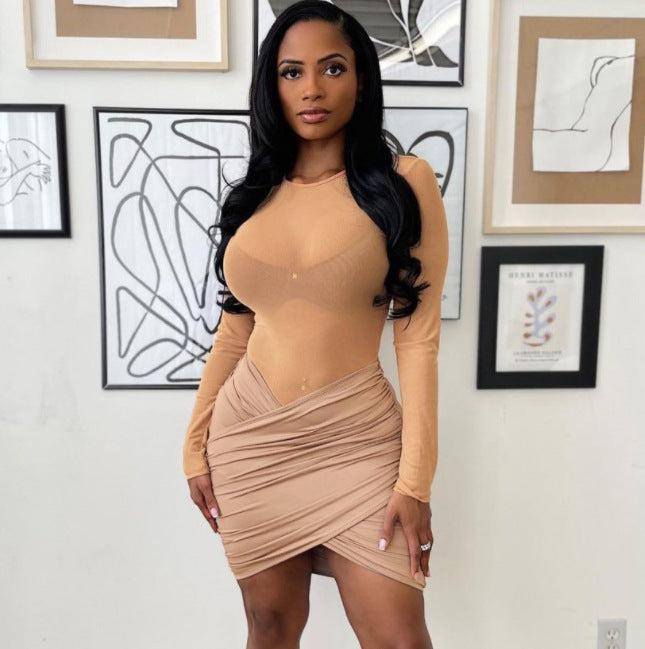 See-through Mesh T-shirt Stitching Bag Hip Cross Pleated Dress