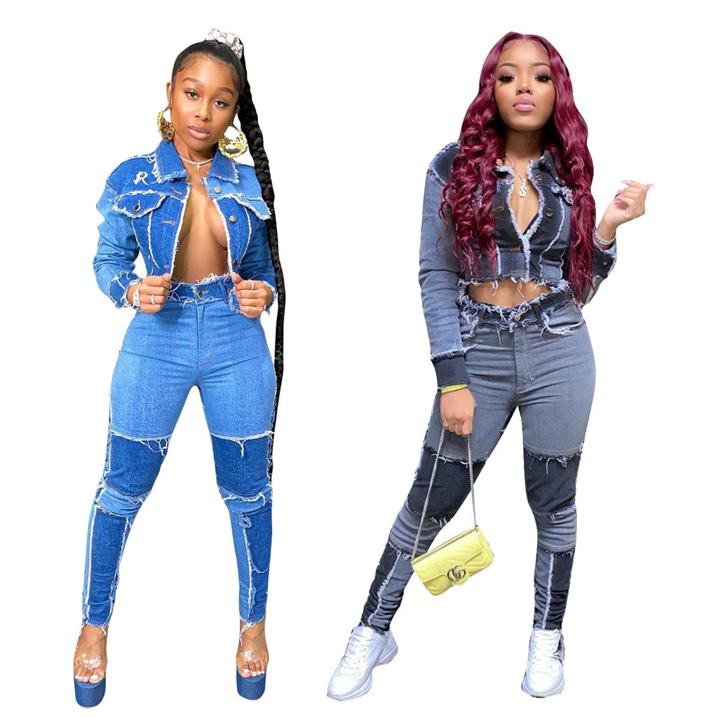 Retro Stitching Washed Denim Suit