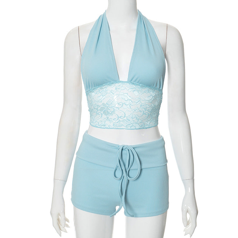 Lace Stitching Halter Top Drawstring Shorts Two-piece Set