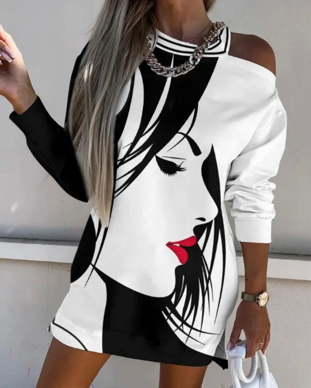 Women's Elegant Round Neck Off Shoulder Printed Long Sleeve Dress