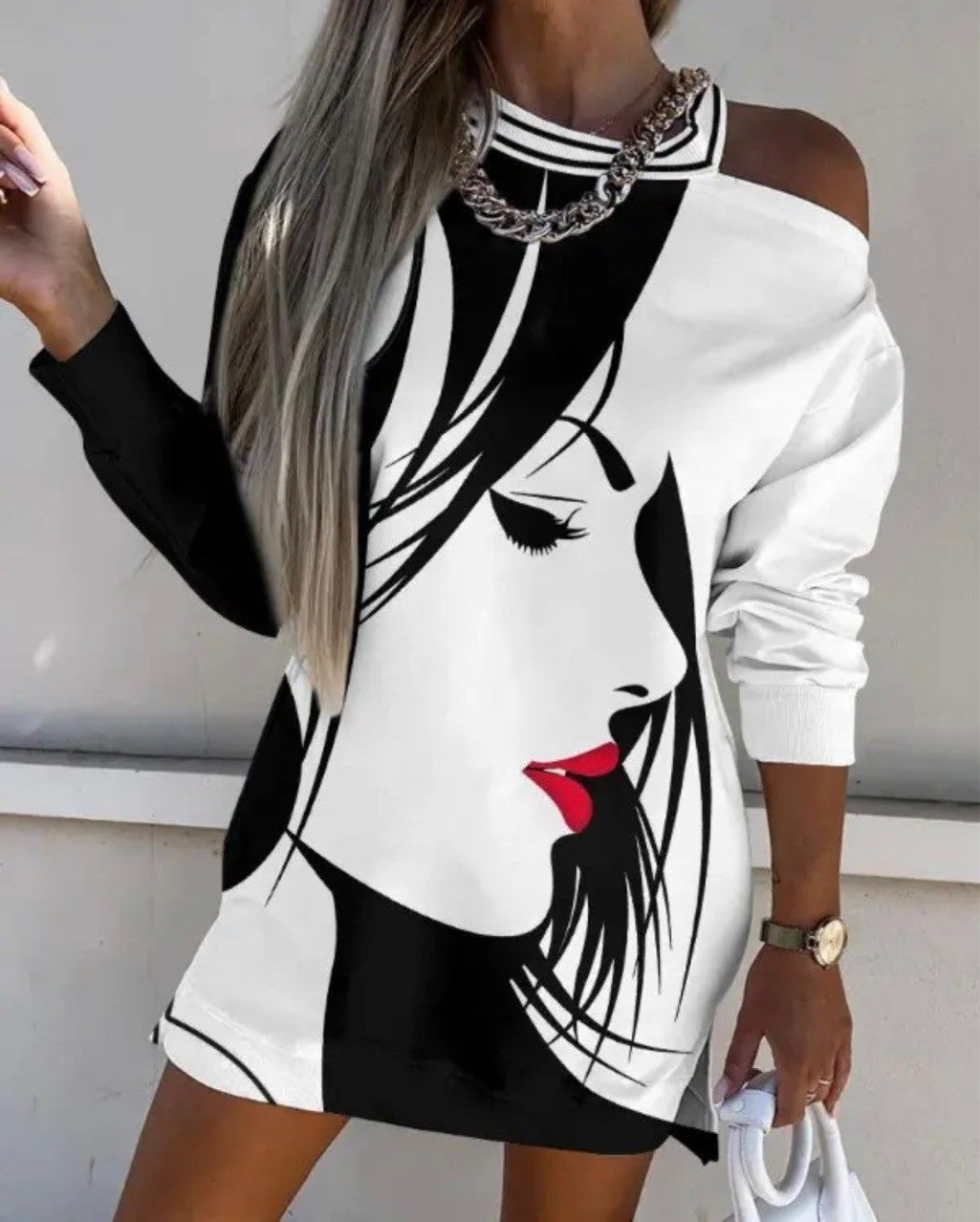 Women's Elegant Round Neck Off Shoulder Printed Long Sleeve Dress