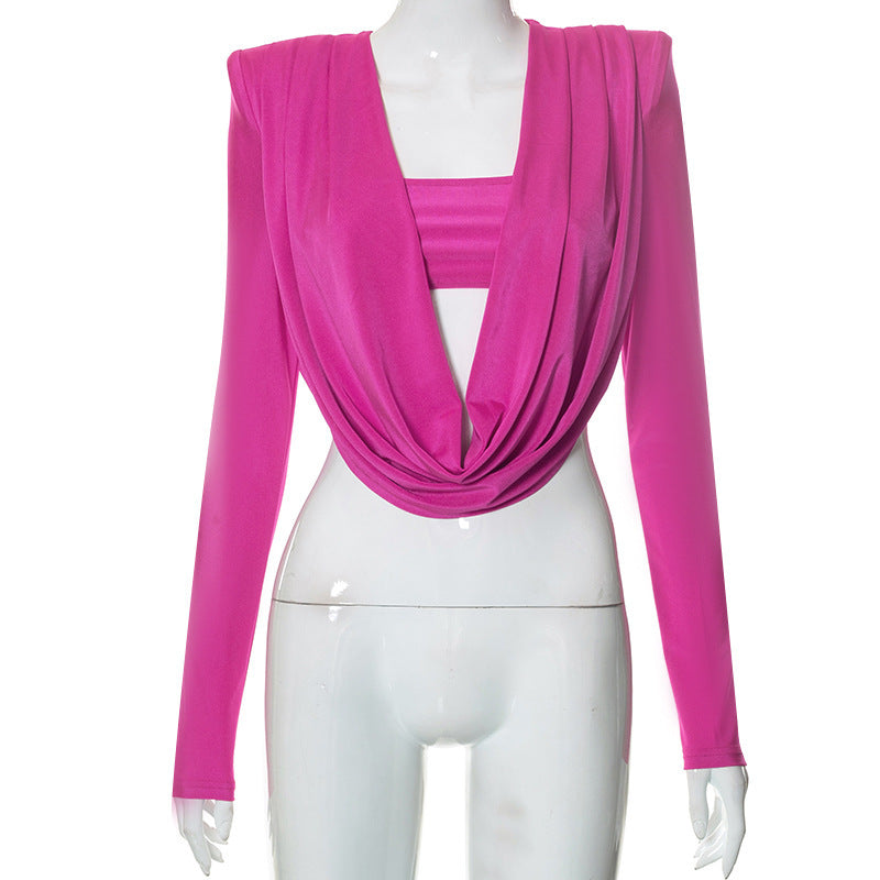 Long-sleeve Design Feeling Shoulder Pad Wrapped Chest Swing Neck Slim Top