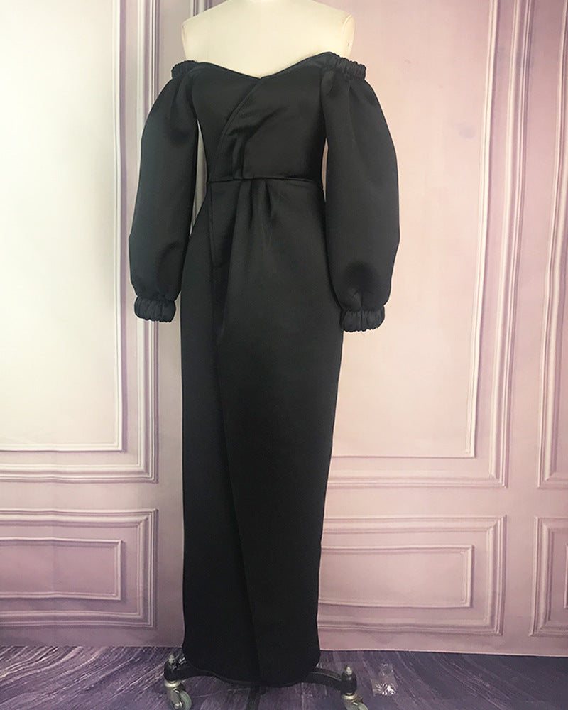 Deep V Lantern Long Sleeve Split Dress