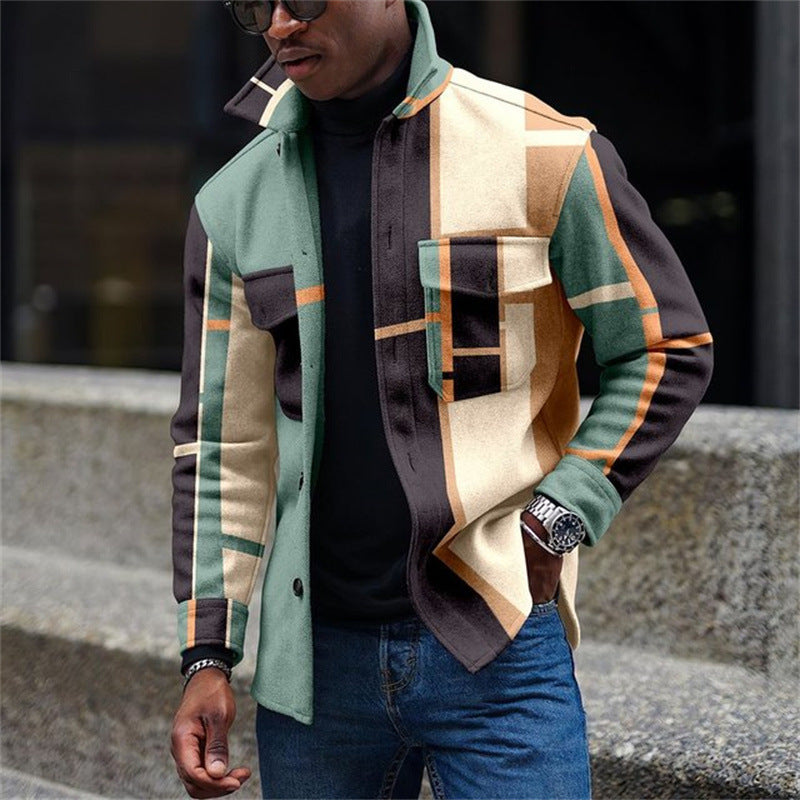 European And American New Fashion Stitching 3D Digital Printing Casual Men's Shirt
