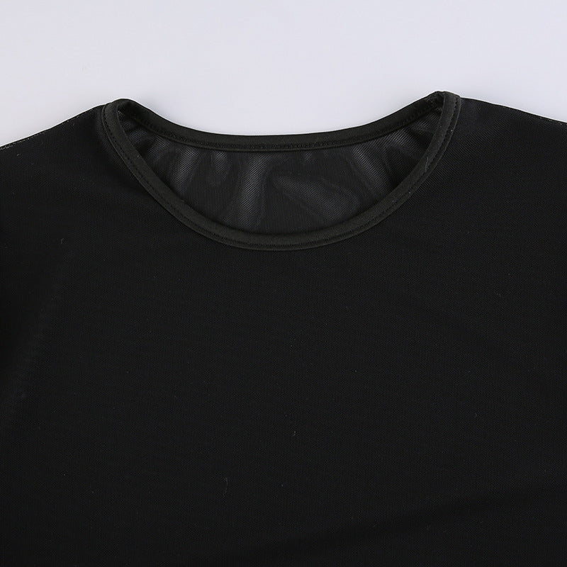 See-through Mesh T-shirt Stitching Bag Hip Cross Pleated Dress