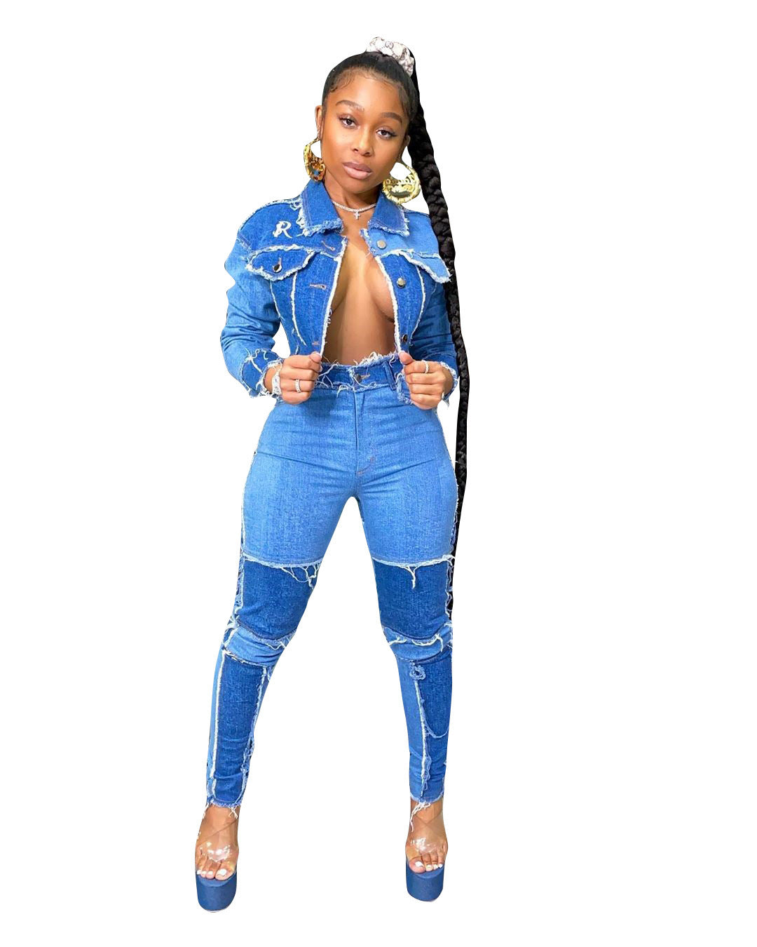 Retro Stitching Washed Denim Suit