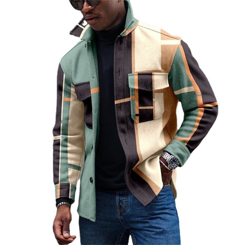 European And American New Fashion Stitching 3D Digital Printing Casual Men's Shirt