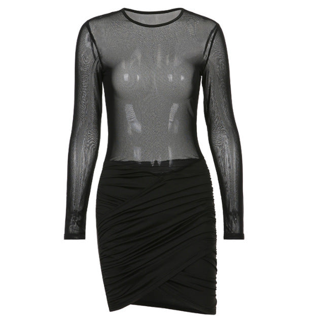 See-through Mesh T-shirt Stitching Bag Hip Cross Pleated Dress