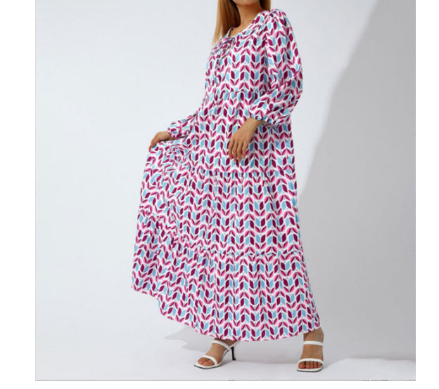 Summer Women's Vintage Printed Bohemian Dress Elegant Ladies Casual Loose V-Neck Short Sleeve Long Dresses