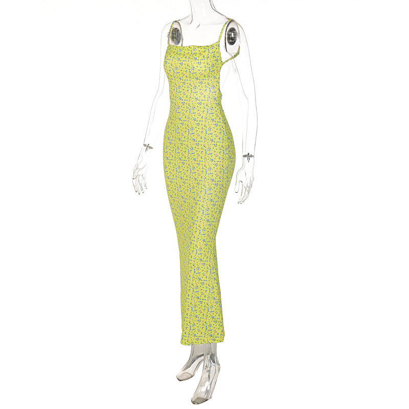 Women's Slim Fit Large  Back Suspender Floral Long Dress
