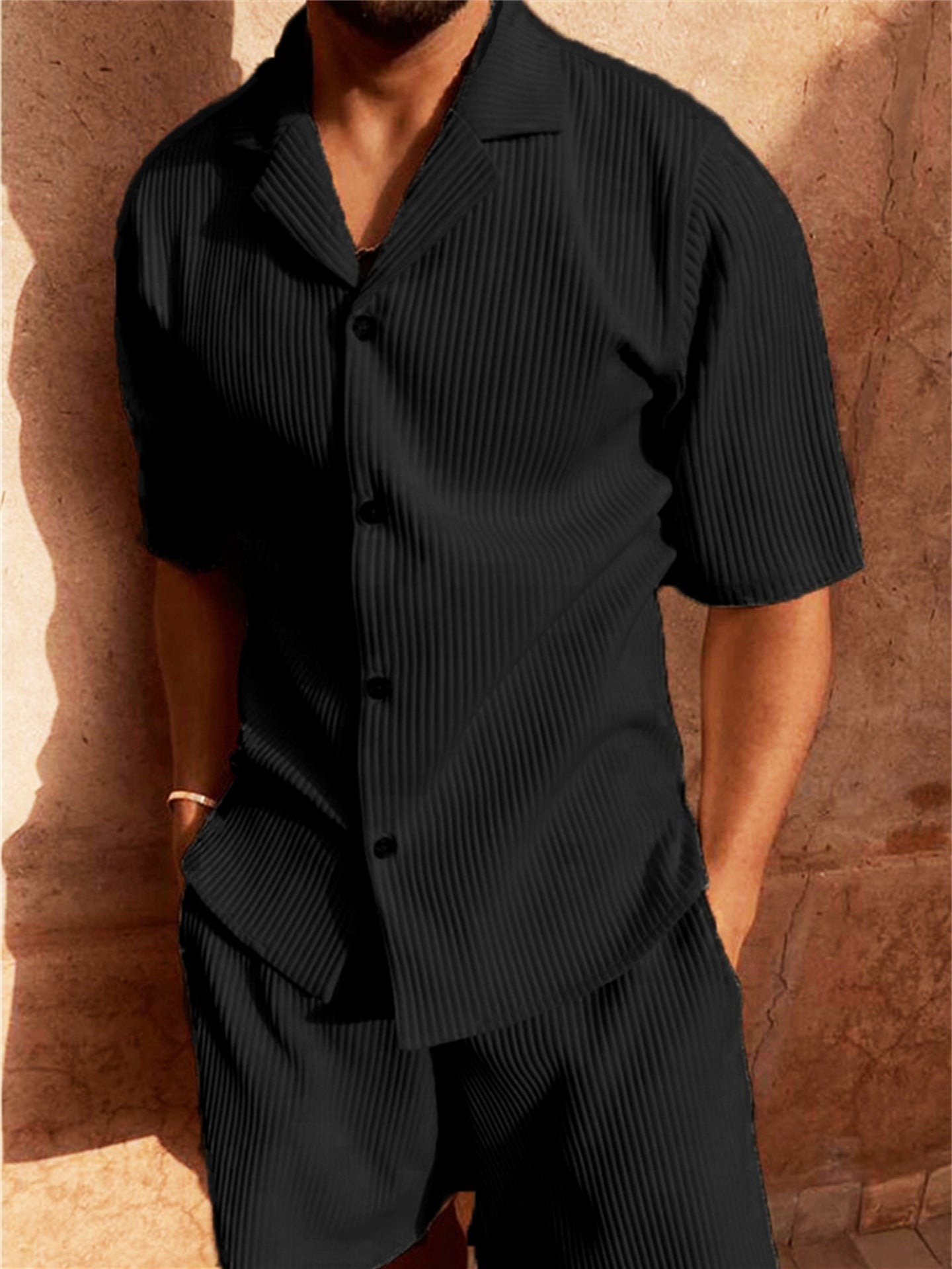 Corduroy Casual Polo Collar Sports Men's Solid Color T-shirt Shorts Set